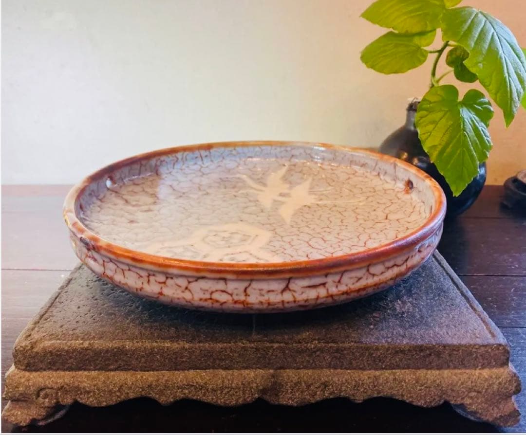 【伝統工芸士 佐藤康元】美品・志野流貫入 大皿＆宜興紫砂 茶盤・2点セット