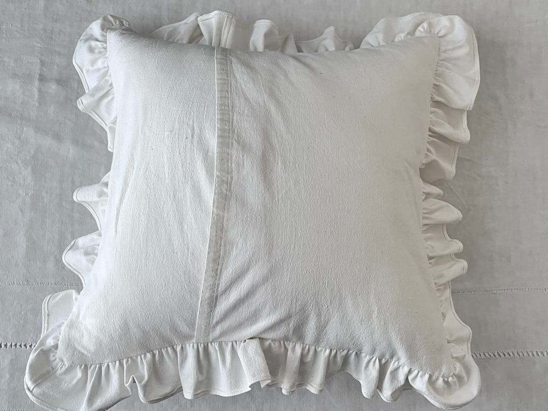 【美品】フランスアンティーク ADモノグラム ホワイトフリルクッションカバー