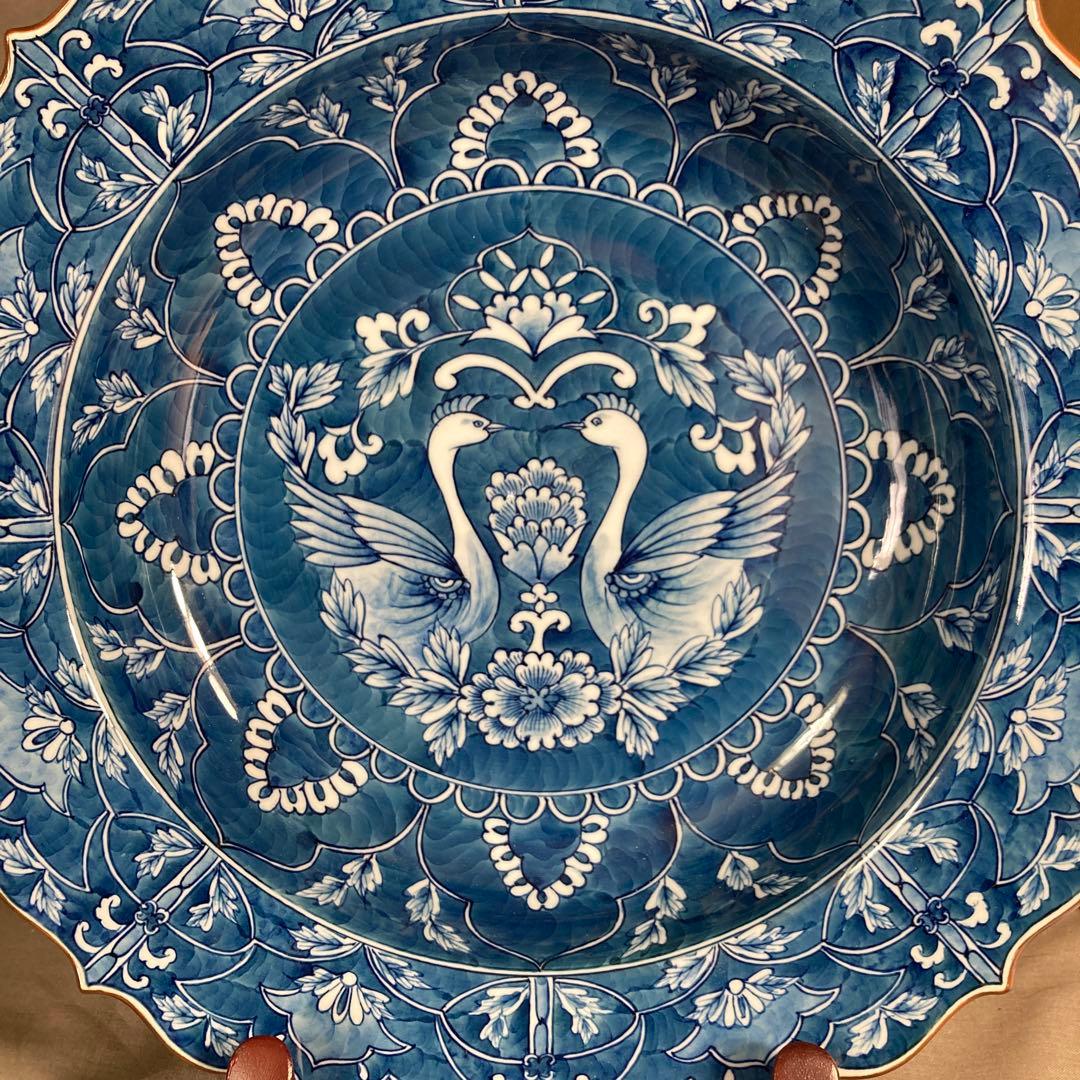 【源右衛門】古伊万里の伝統　日本名窯　舘林源右衛門作　染付濃双鳥文　特大花形深鉢