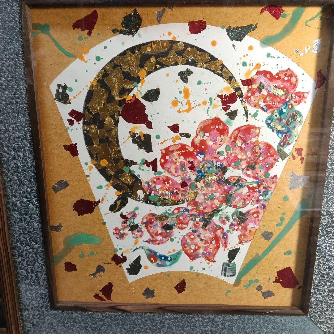 日本画　花と月　川上啓介　画伯　原画　額付き色紙
