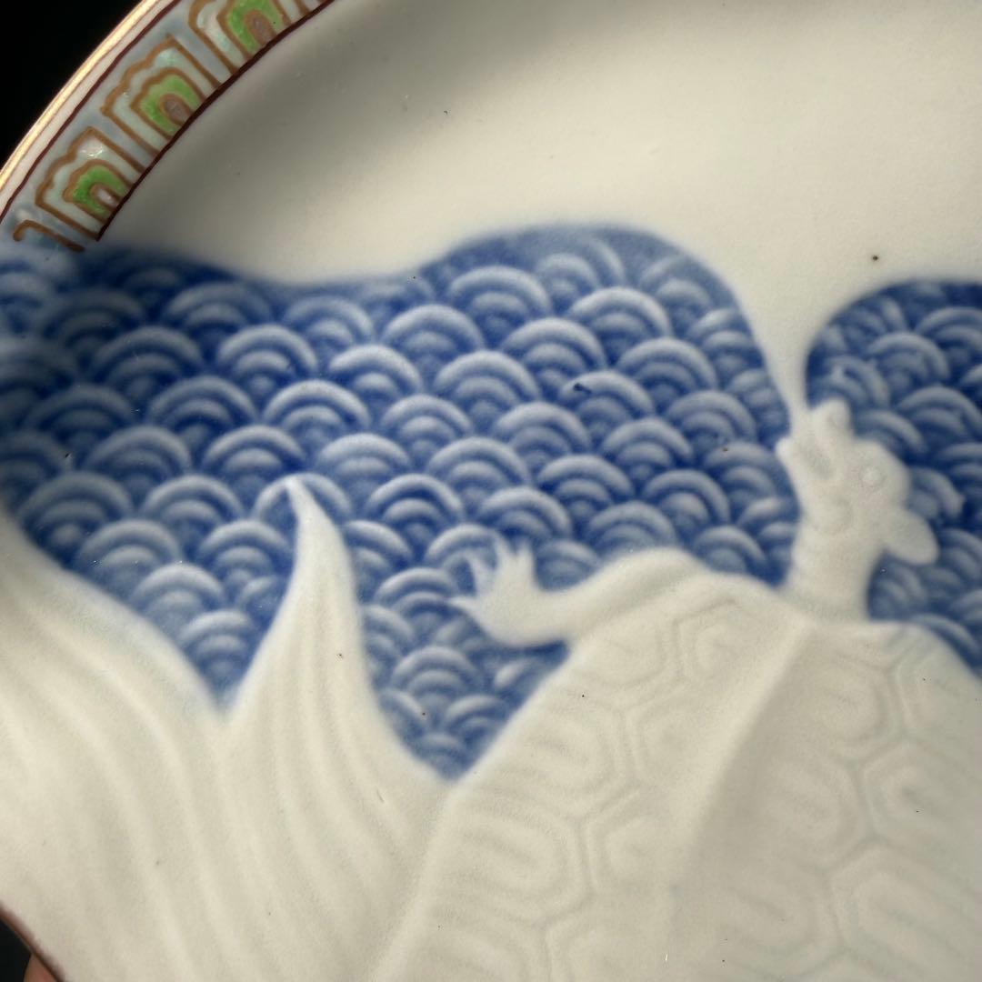 古伊万里　色絵陽刻玄武青海波文変形皿　五枚　江戸期　状態◎　料理屋　古器を楽しむ