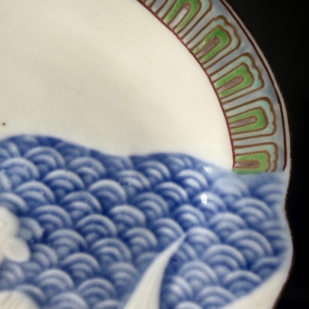 古伊万里　色絵陽刻玄武青海波文変形皿　五枚　江戸期　状態◎　料理屋　古器を楽しむ