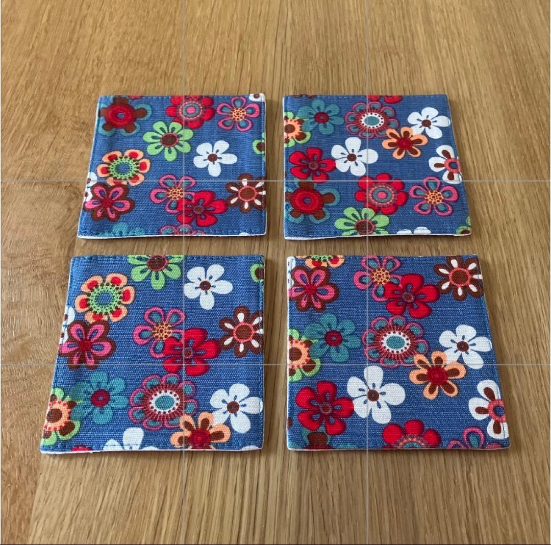 ハンドメイド コースター 4枚 北欧 お花柄 リネン ブルー