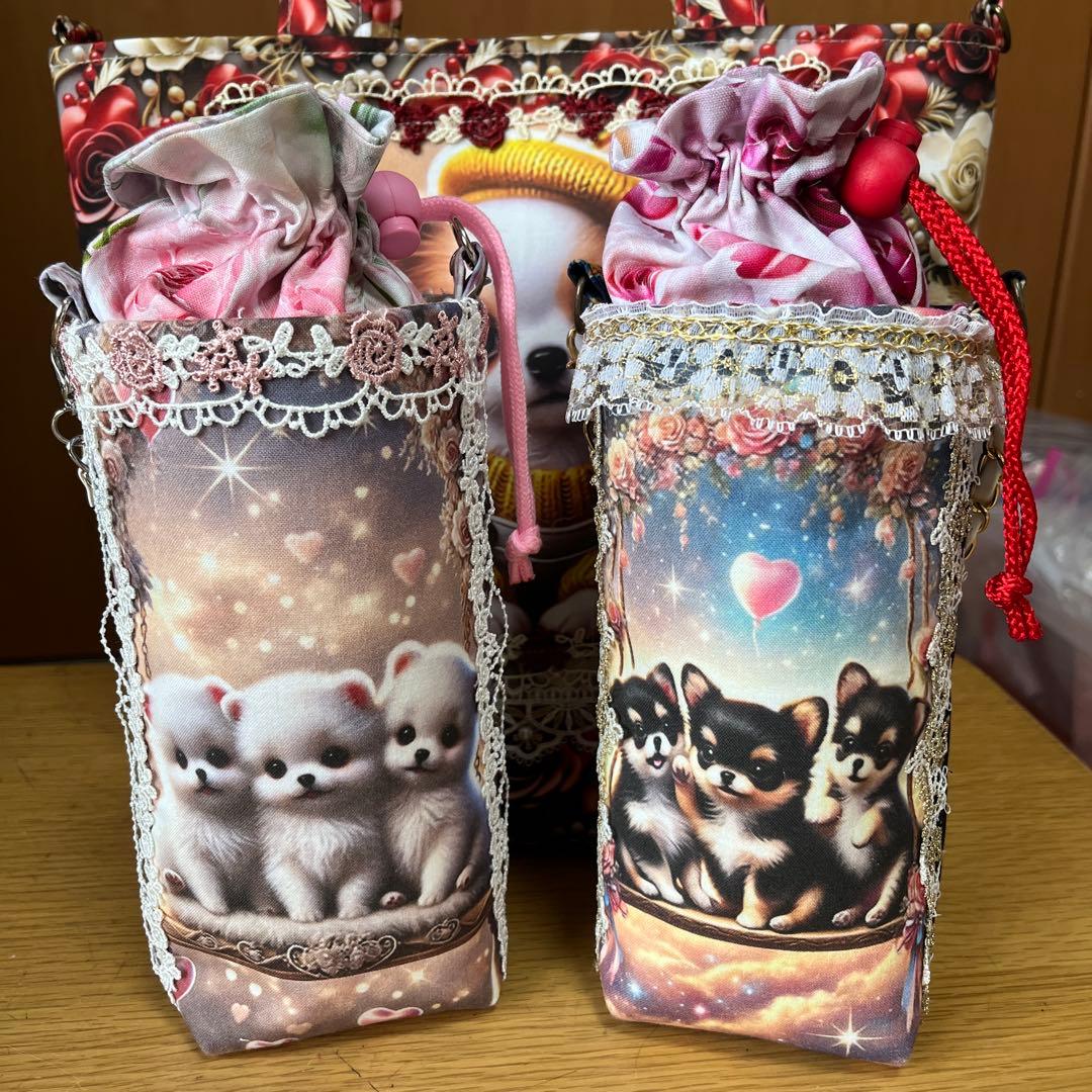 Sara 両面貼り小トートバッグ＆ペットボトルホルダー2点