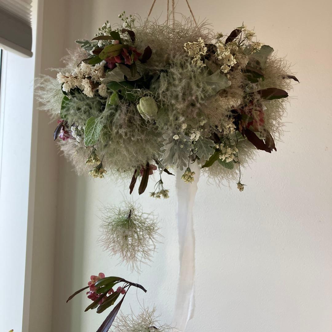 スモークツリー とドドナエアのシックなフライングリース　貝細工　スターチス