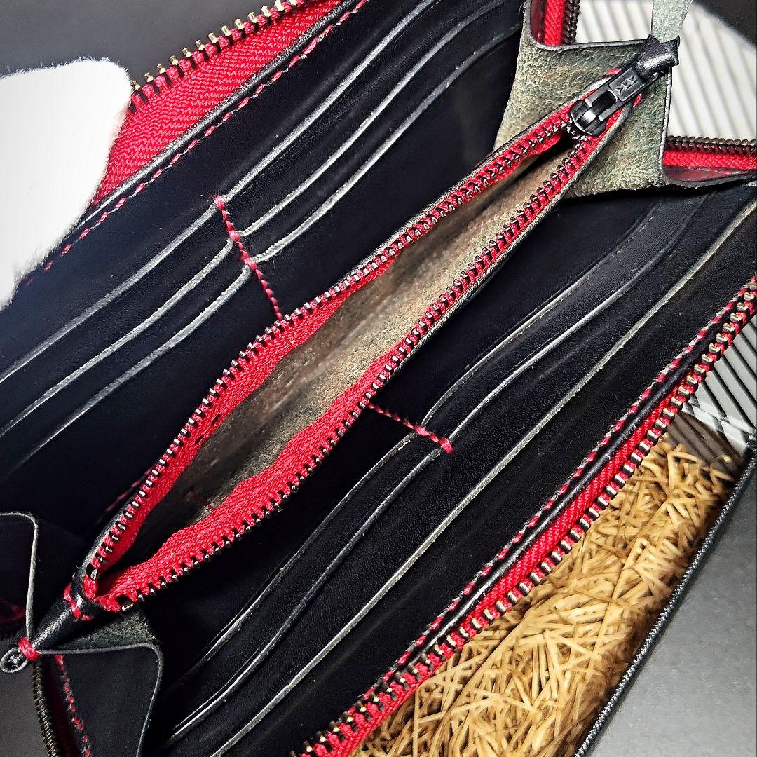 手縫い 長財布 ラウンドファスナーウォレット ブラック レッド 栃木レザー