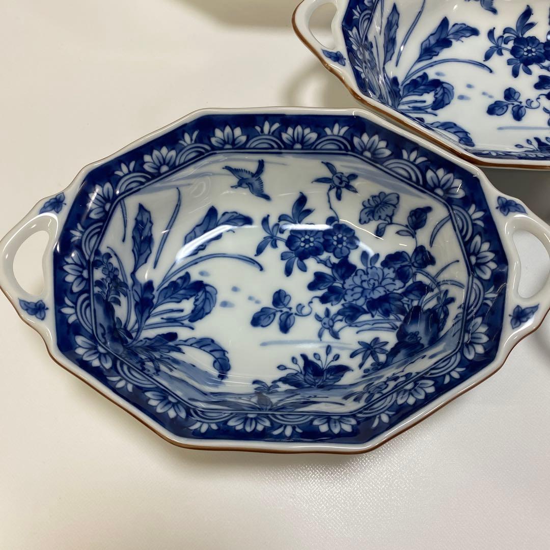 前畑陶器　染付け　グラタン皿　5枚　八角　花鳥　手付き　ボウル　皿　鉢　和柄