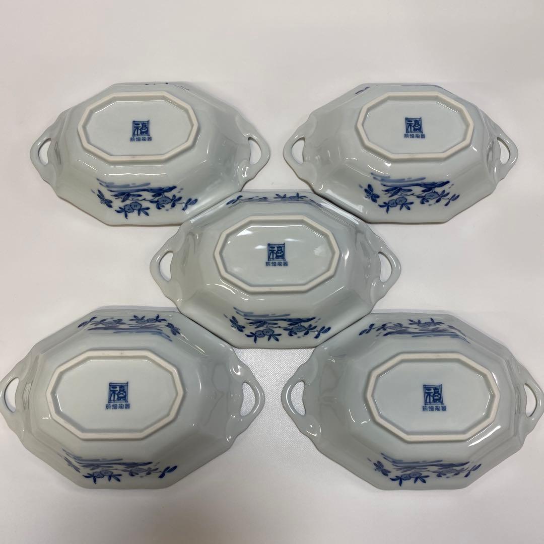 前畑陶器　染付け　グラタン皿　5枚　八角　花鳥　手付き　ボウル　皿　鉢　和柄