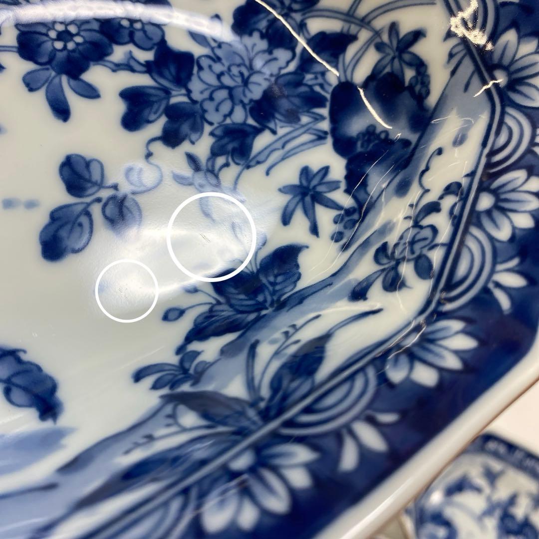 前畑陶器　染付け　グラタン皿　5枚　八角　花鳥　手付き　ボウル　皿　鉢　和柄