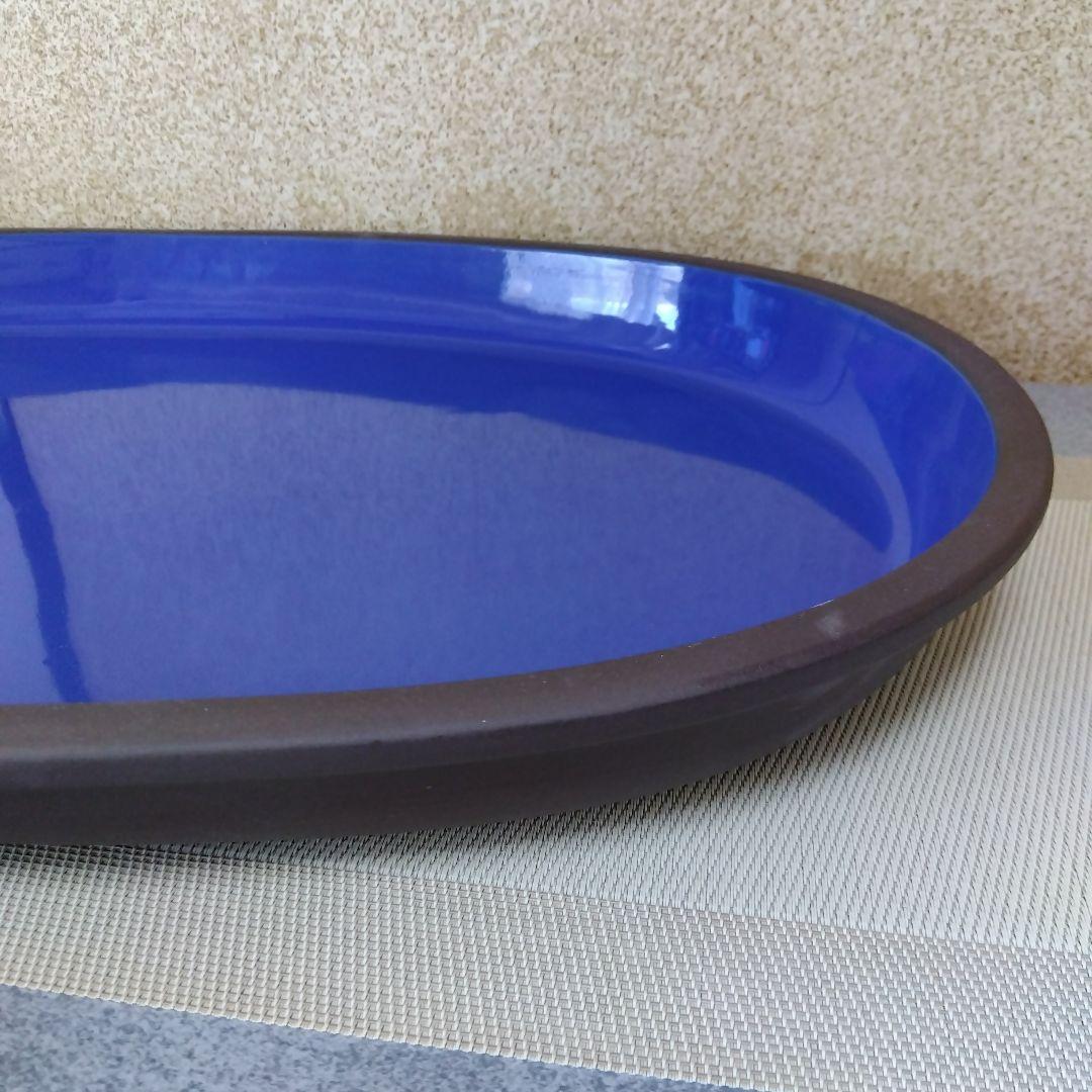 ★ 未使用品 小原流花器 烏泥小判型水盤 / 長径約62.5㎝