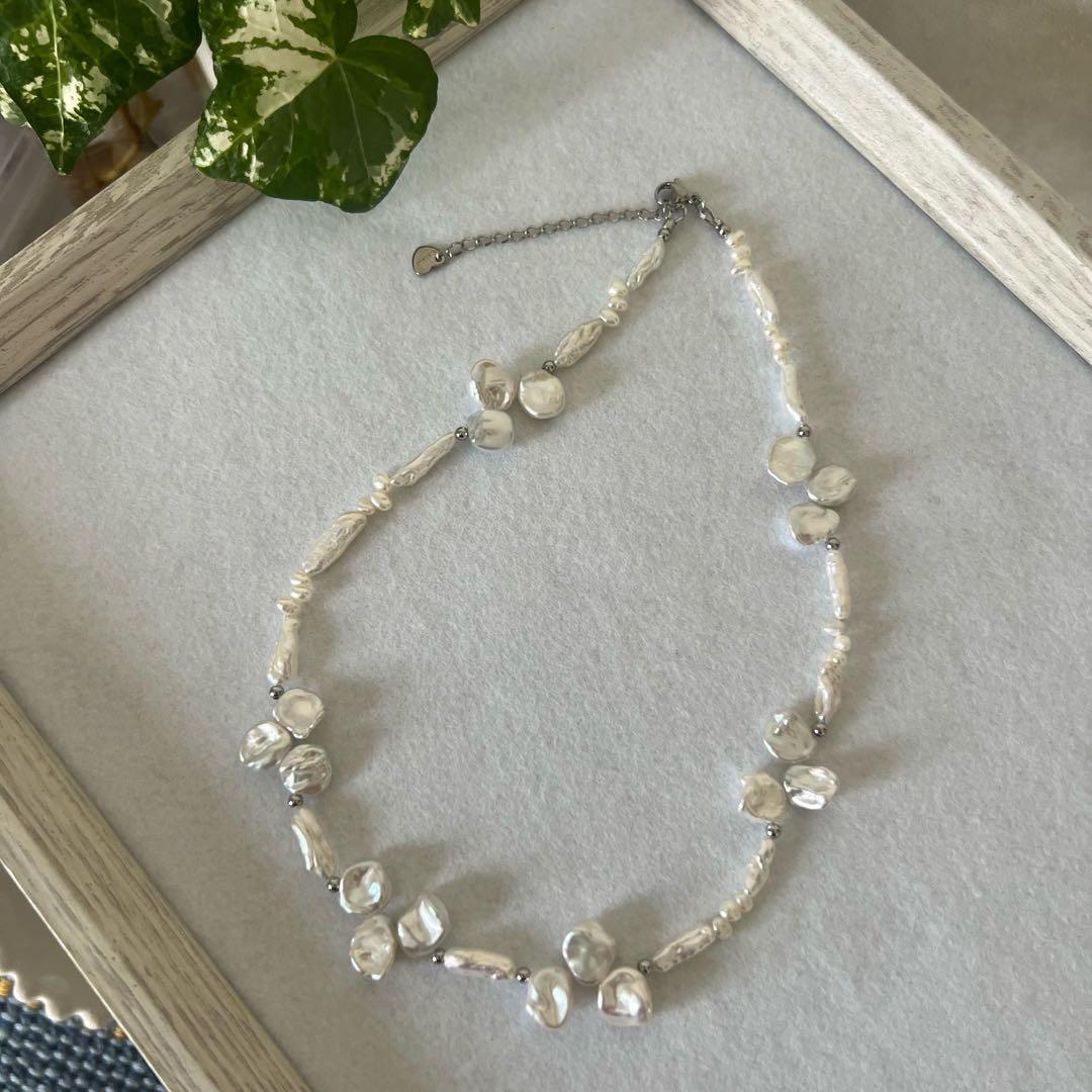 淡水パールネックレス　花びらケシパール　スティック型バロックパール　ネックレス