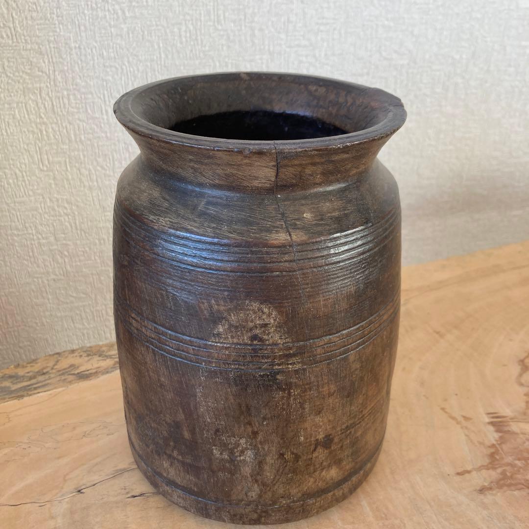 インド　木製のポットC　木工品　古道具坂田　古物　骨董　フラワーベース　花瓶