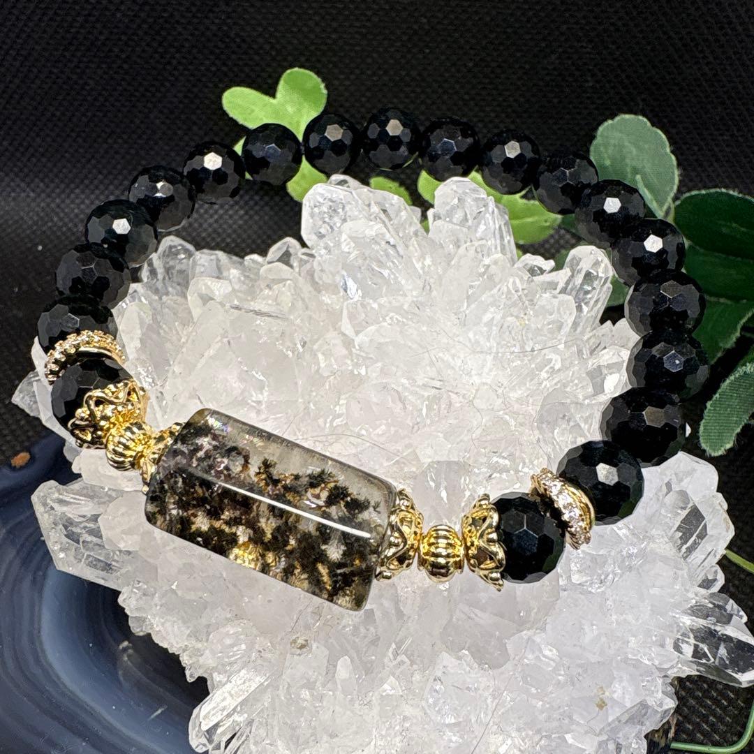 【希少】ホーランダイト　星入り水晶　虹入り　ブラック翡翠カット　ブレスレット