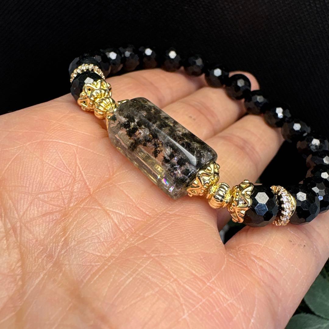 【希少】ホーランダイト　星入り水晶　虹入り　ブラック翡翠カット　ブレスレット