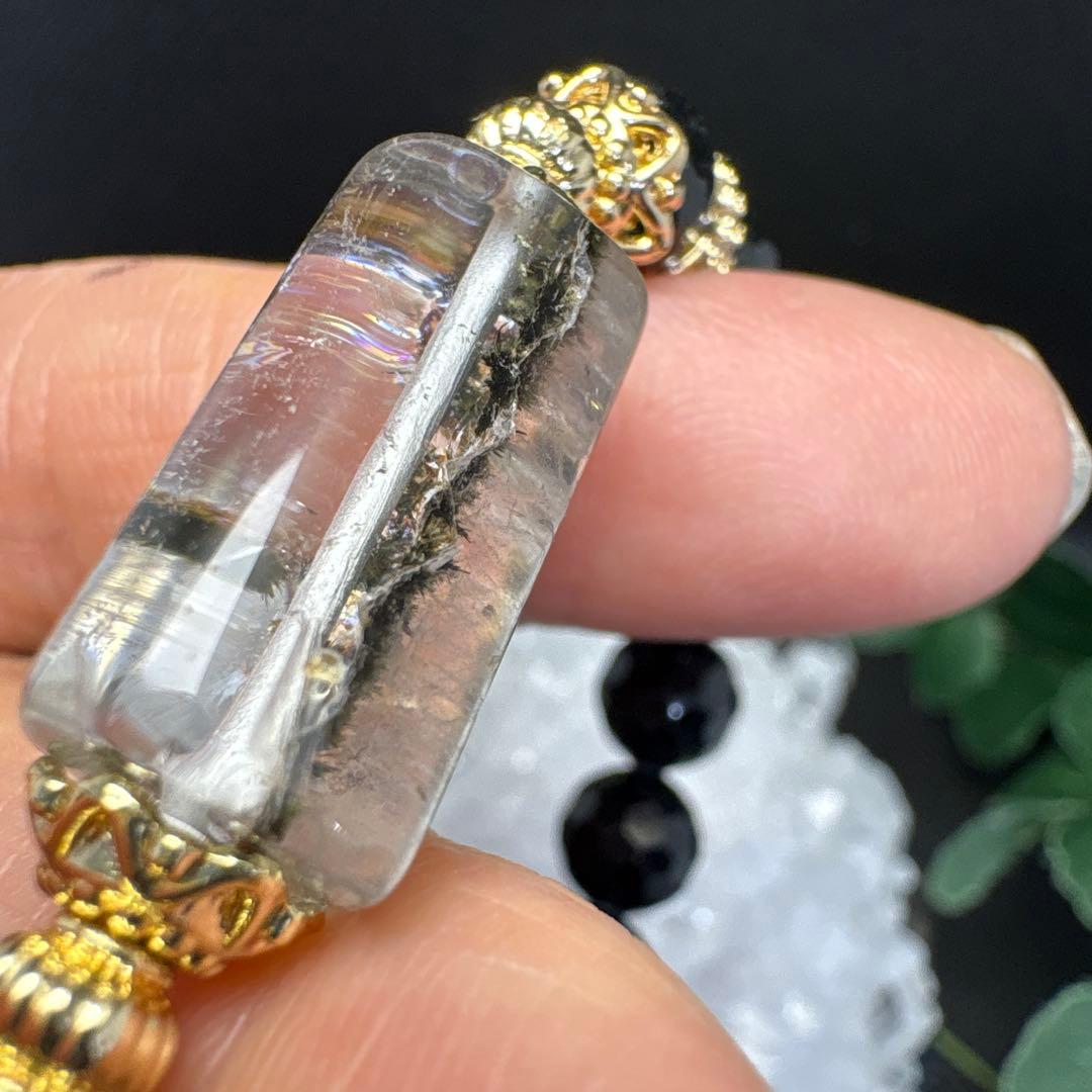 【希少】ホーランダイト　星入り水晶　虹入り　ブラック翡翠カット　ブレスレット