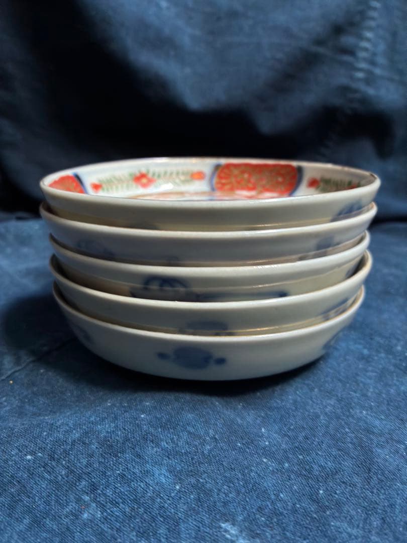古伊万里　金彩　色絵　花文様　小皿　5枚　傷無し　明治　直径12.3センチ