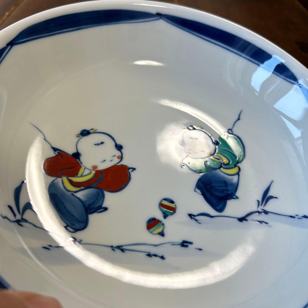 有田焼　松庵窯　染付唐子絵紋　染錦唐子絵紋　7寸皿　7寸鉢　２枚セット