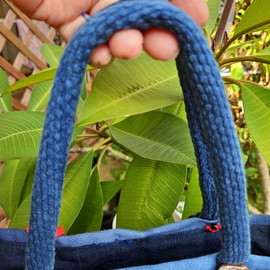 夢物語（樹庵)手作りランダムパッチワーク型染め絣藍染中型バッグ☆古銭付☆木札付