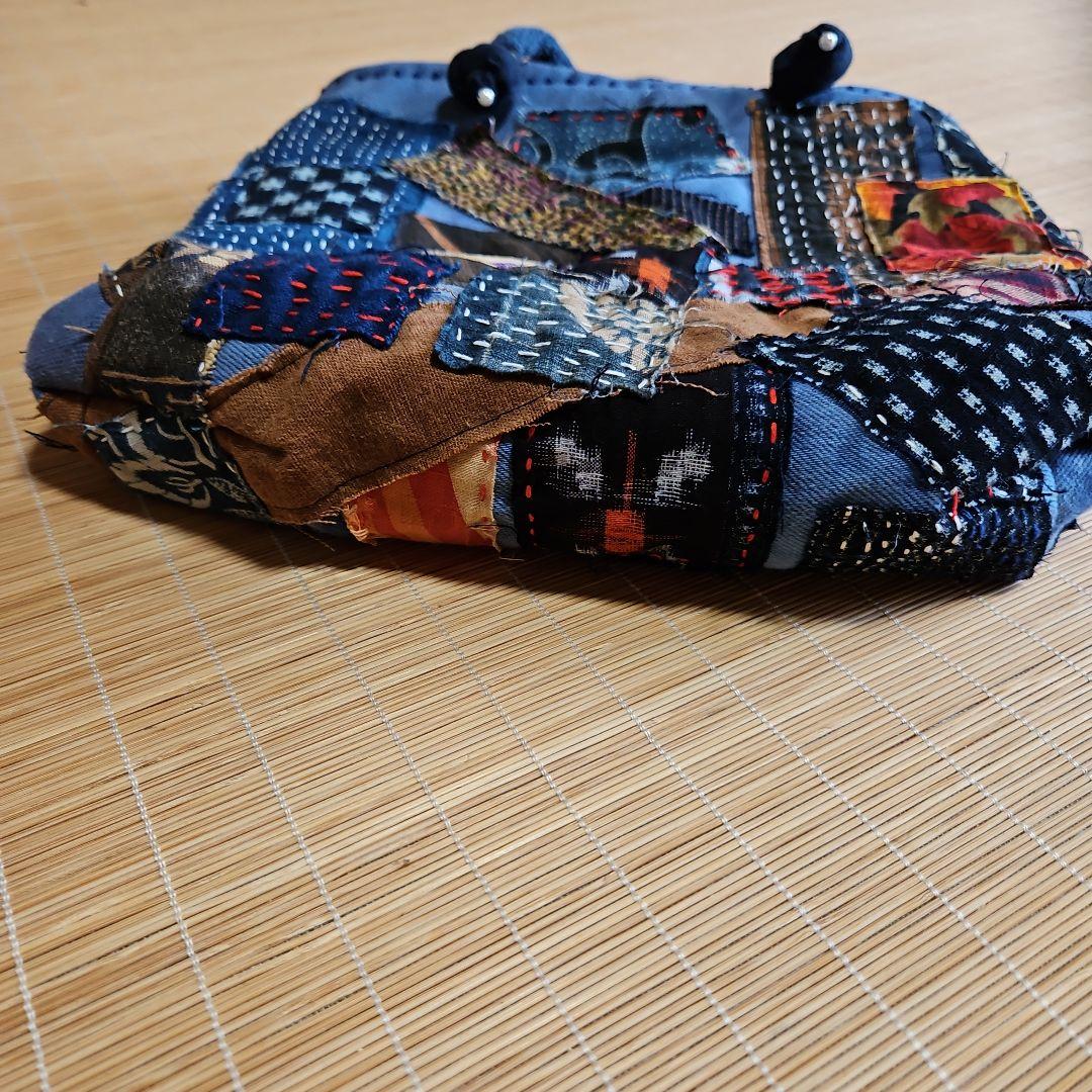 夢物語（樹庵)手作りランダムパッチワーク型染め絣藍染中型バッグ☆古銭付☆木札付