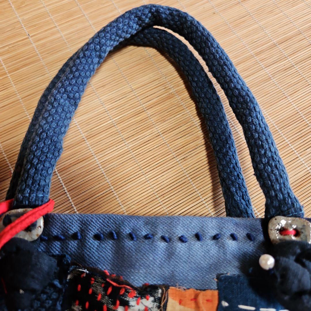 夢物語（樹庵)手作りランダムパッチワーク型染め絣藍染中型バッグ☆古銭付☆木札付