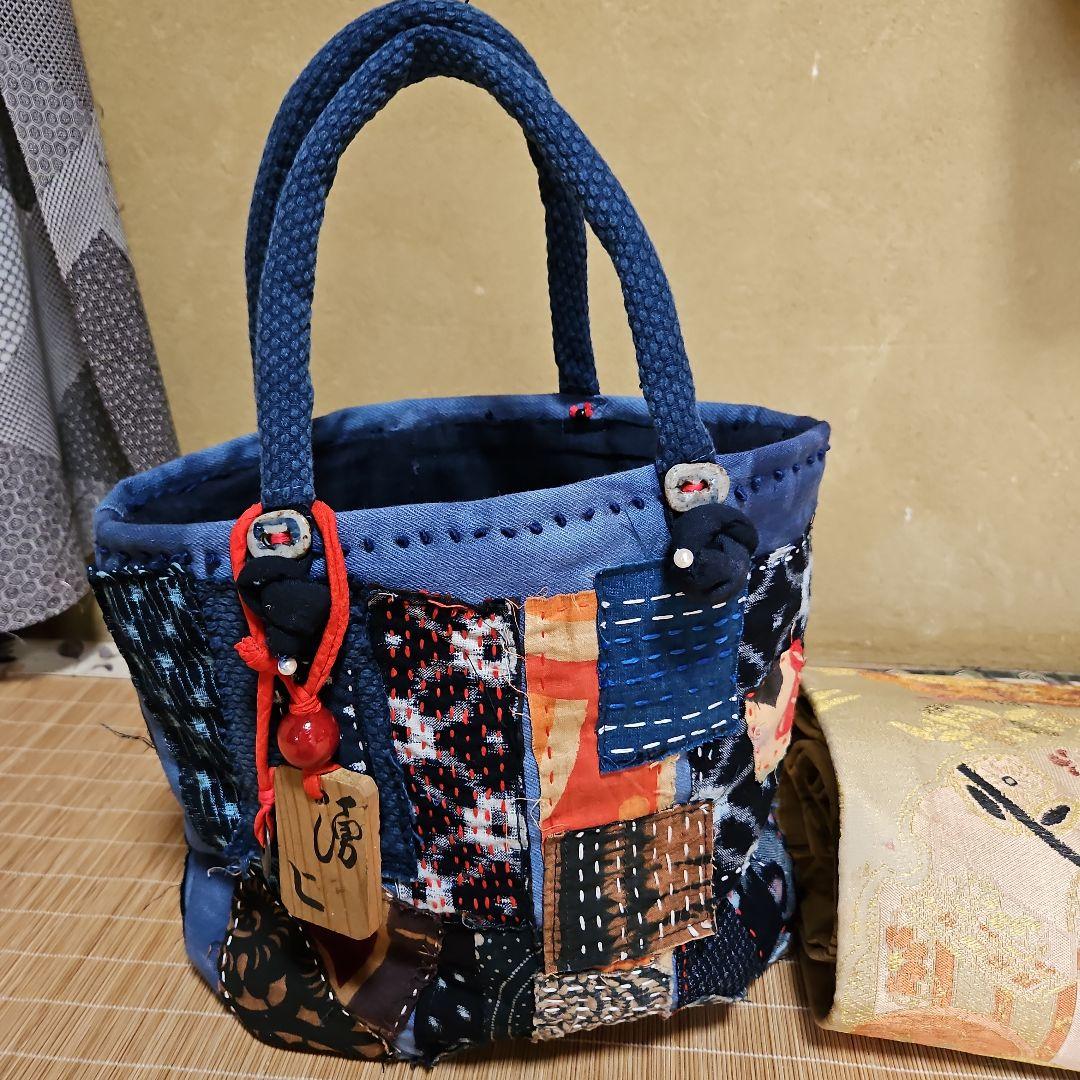 夢物語（樹庵)手作りランダムパッチワーク型染め絣藍染中型バッグ☆古銭付☆木札付