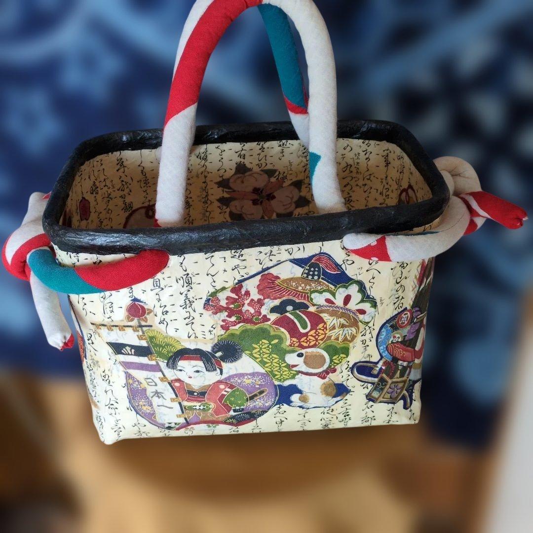 一閑張りかごバッグ 古布 相撲番付 ハンドメイド