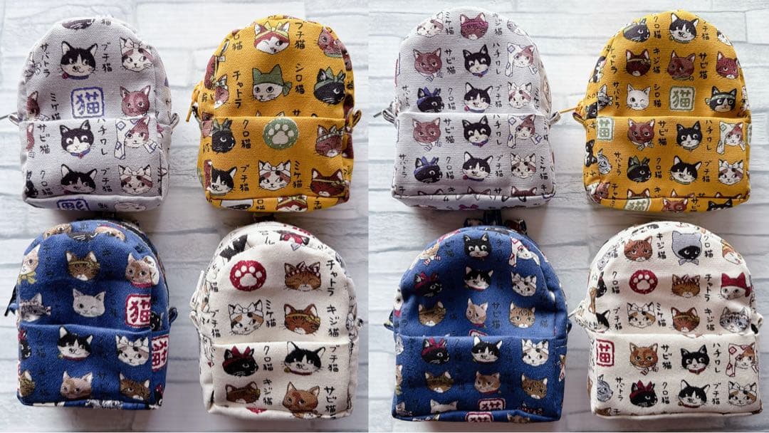 ハンドメイド　ミニリュック型ポーチ　猫図鑑　ネコ
