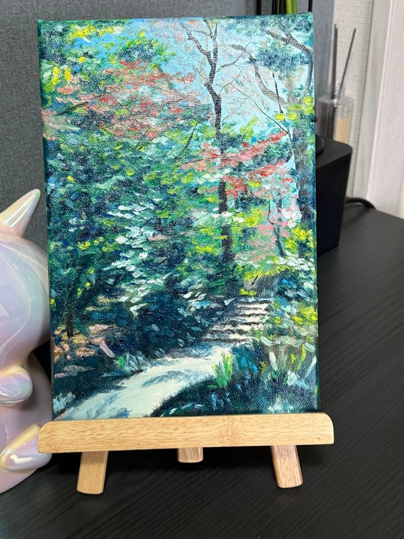 「林間の道」　手描き　油絵　風景画　原画　油彩画　印象派　肉筆
