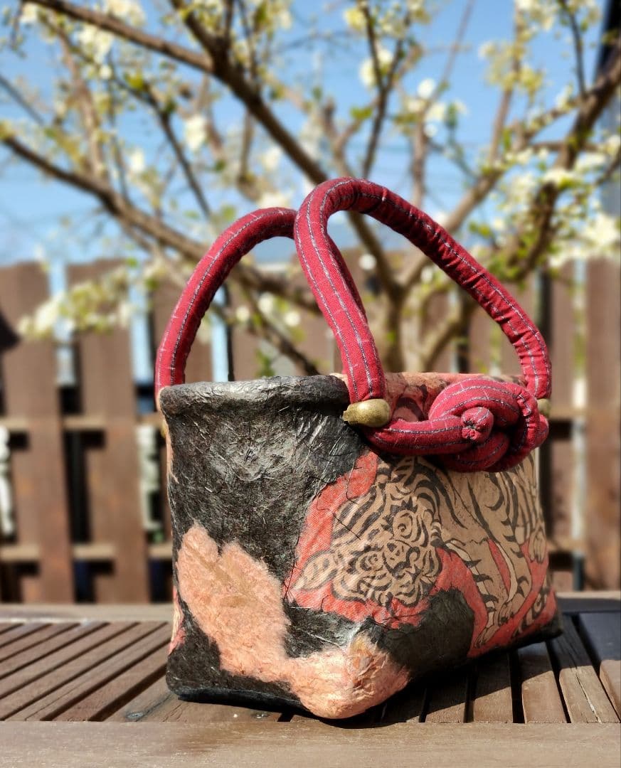 一閑張りバッグ　寅　虎　柿渋　ハンドメイド