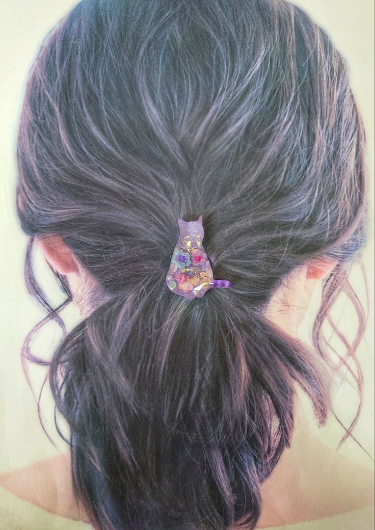 レジン　猫　ヘアゴム　ブローチ　ポニーフック　No.631