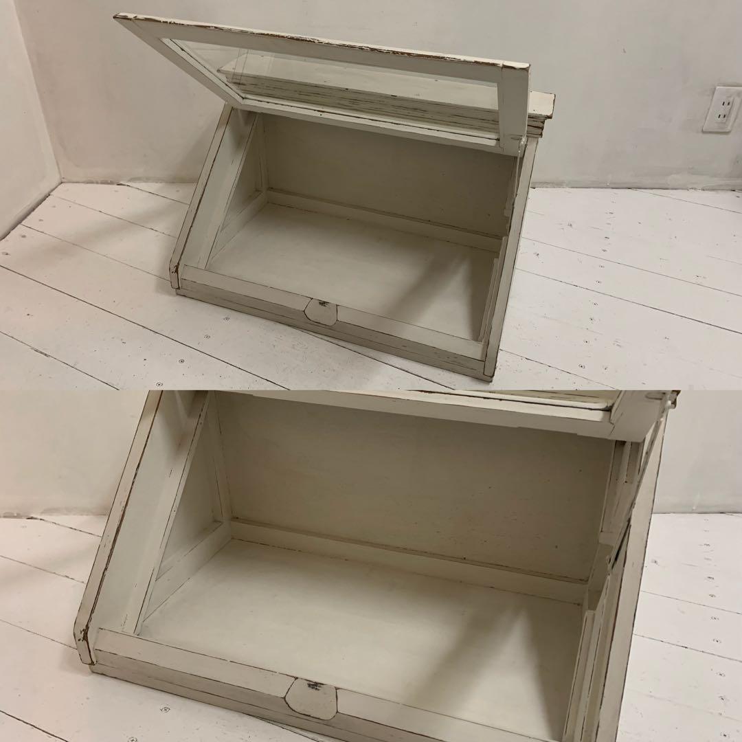VINTAGE Antique レトロ ガラスショーケース ホワイトペイント 棚