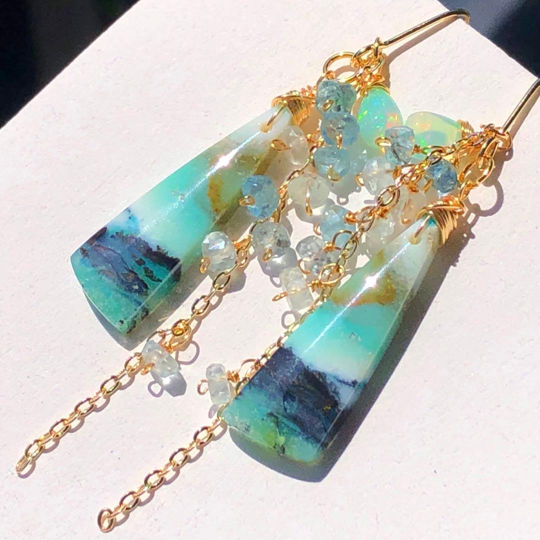 天然石☆ブルーグリーンオパライズドウッド×高品質アクアマリンのピアス14kgf