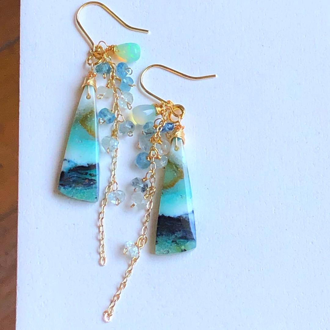 天然石☆ブルーグリーンオパライズドウッド×高品質アクアマリンのピアス14kgf