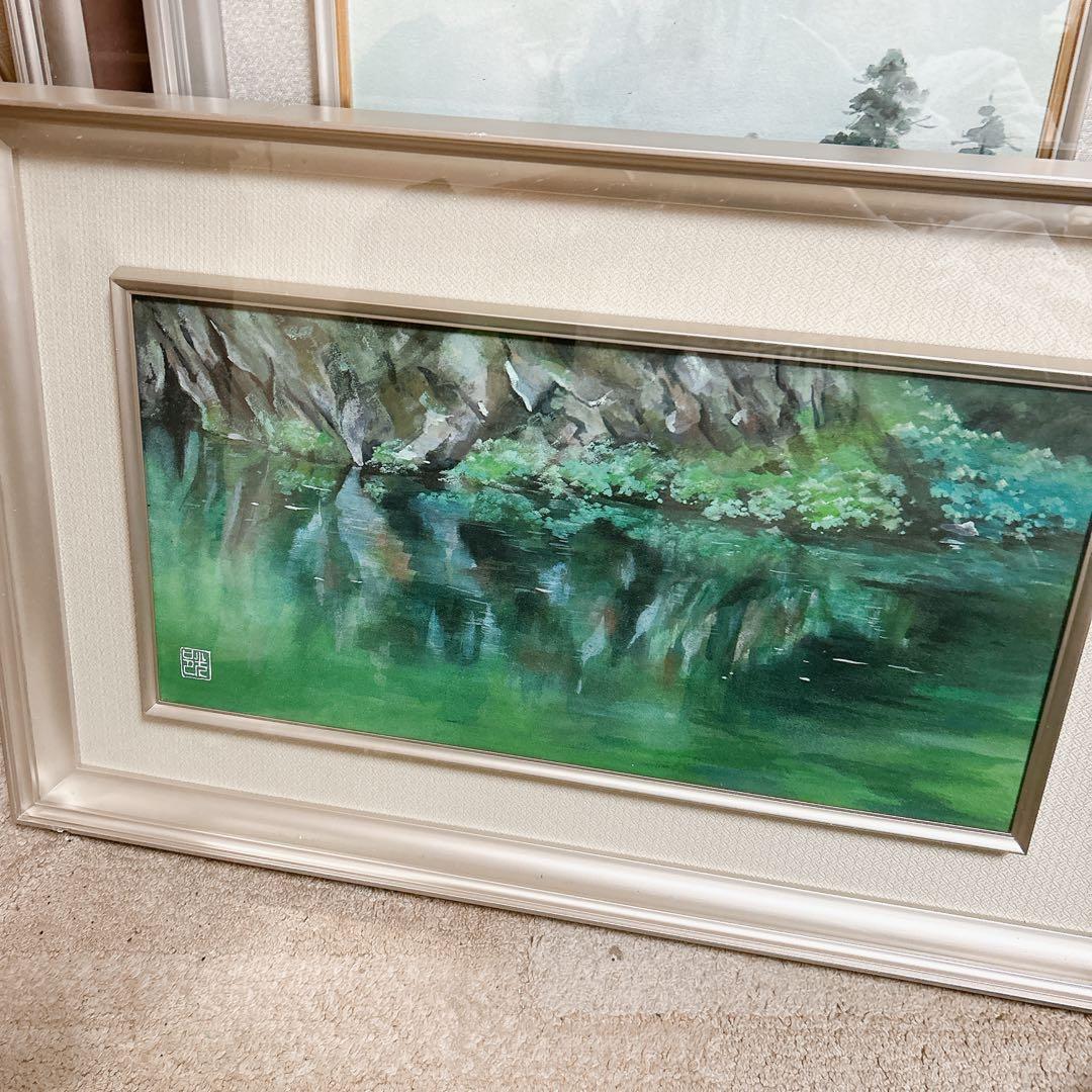 風景画 水辺の景色 額装 絵画 額付き絵画美術品　グリーン