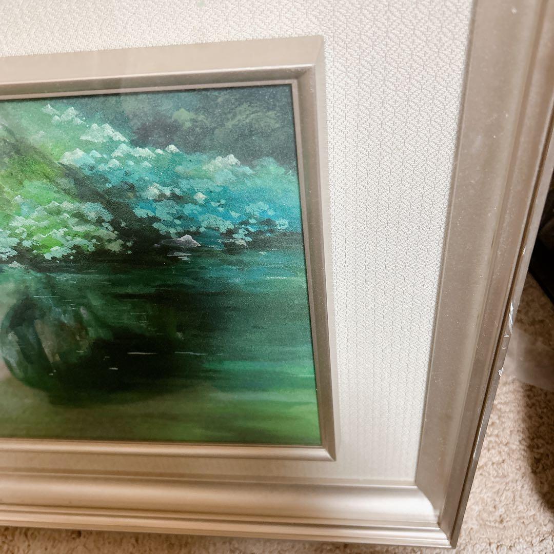 風景画 水辺の景色 額装 絵画 額付き絵画美術品　グリーン