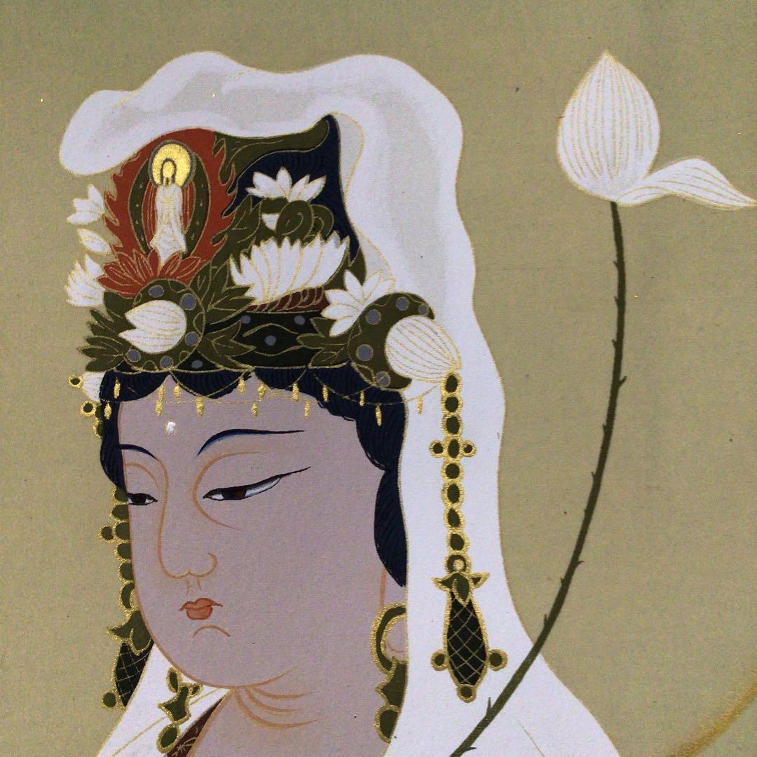No5489 掛軸　在印　松涛漌画　白衣観音像　絹本　共箱　仏教美術　送料無料