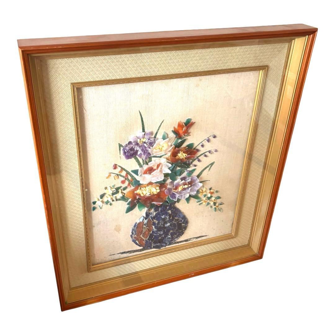 【アンティーク】額装 額縁 宝石画 原石 鑑賞石 花瓶 花 絵画 ストーンアート