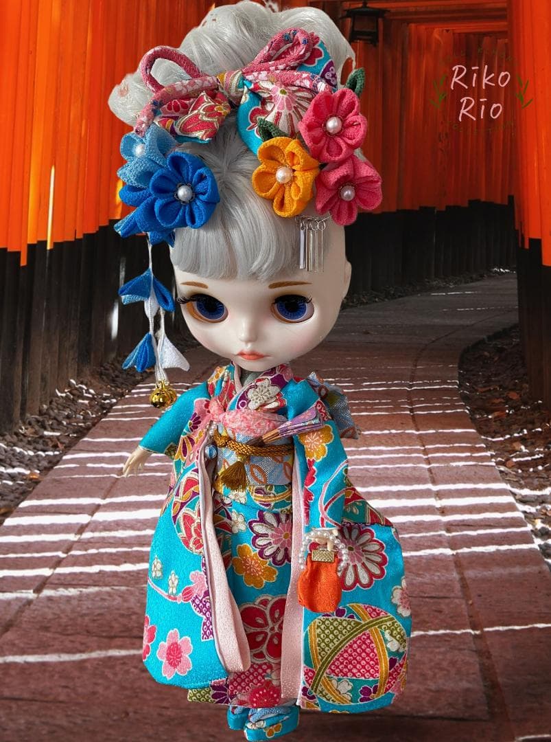 ブライス 振袖 着物 正絹 ハンドメイド 豪華フルセット 髪飾り付き ターコイズ