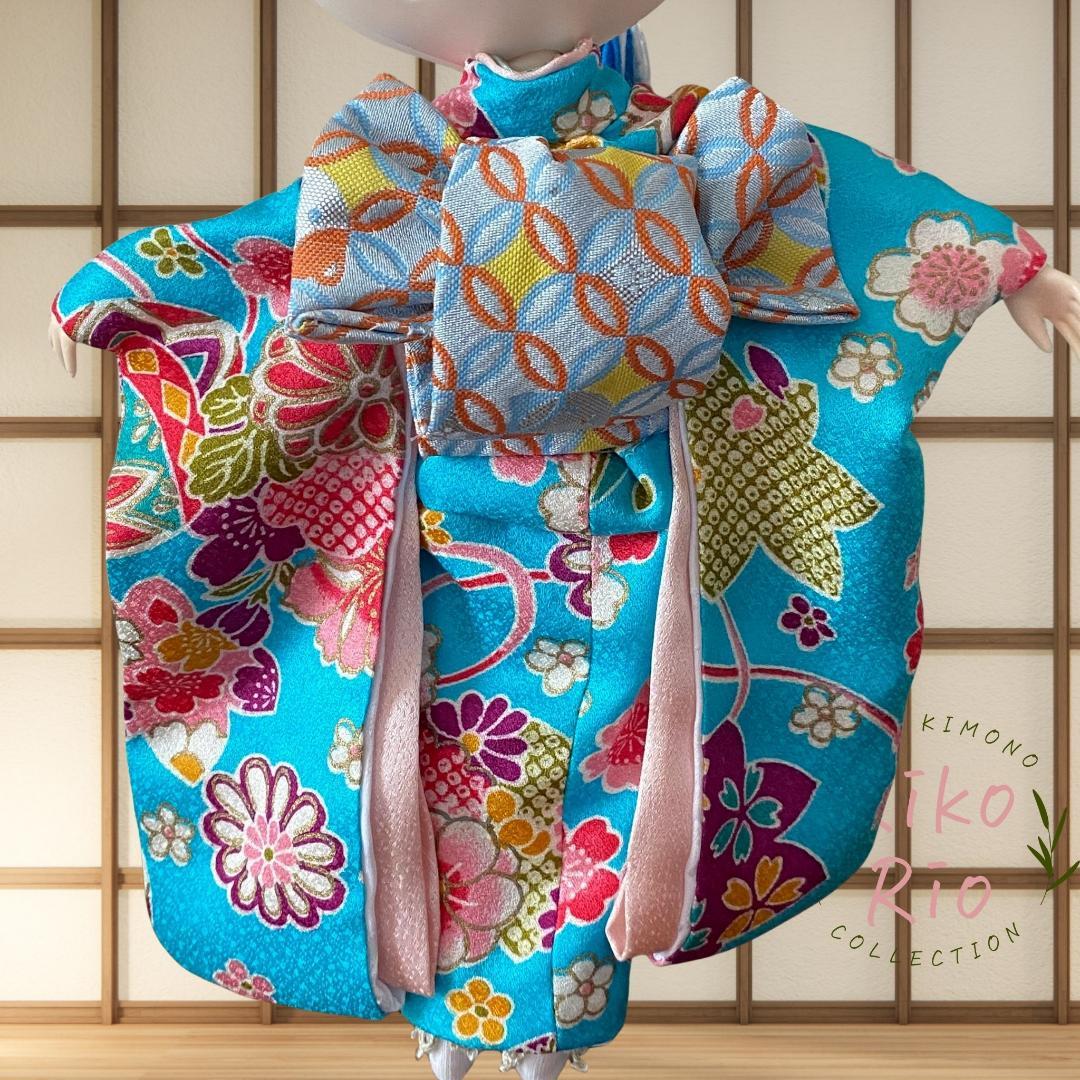 ブライス 振袖 着物 正絹 ハンドメイド 豪華フルセット 髪飾り付き ターコイズ