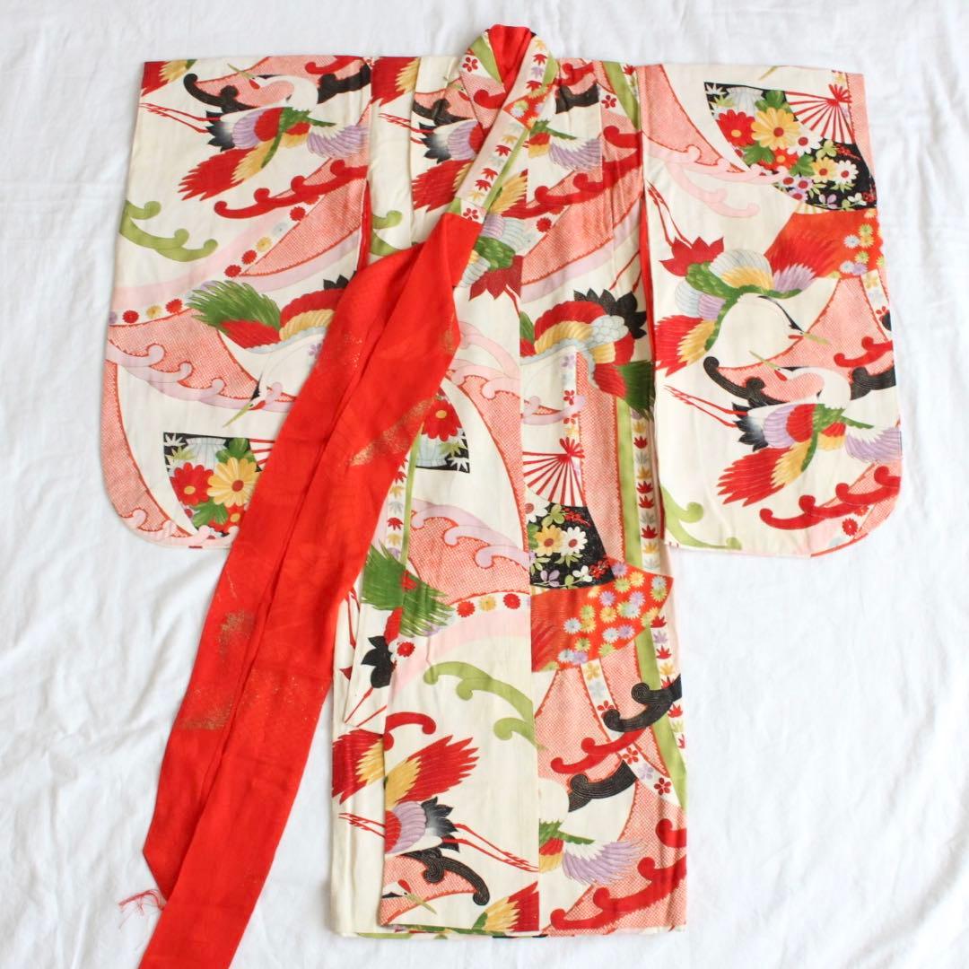 七五三 3歳 女の子 子供 アンティーク 鶴 着物 被布 セット