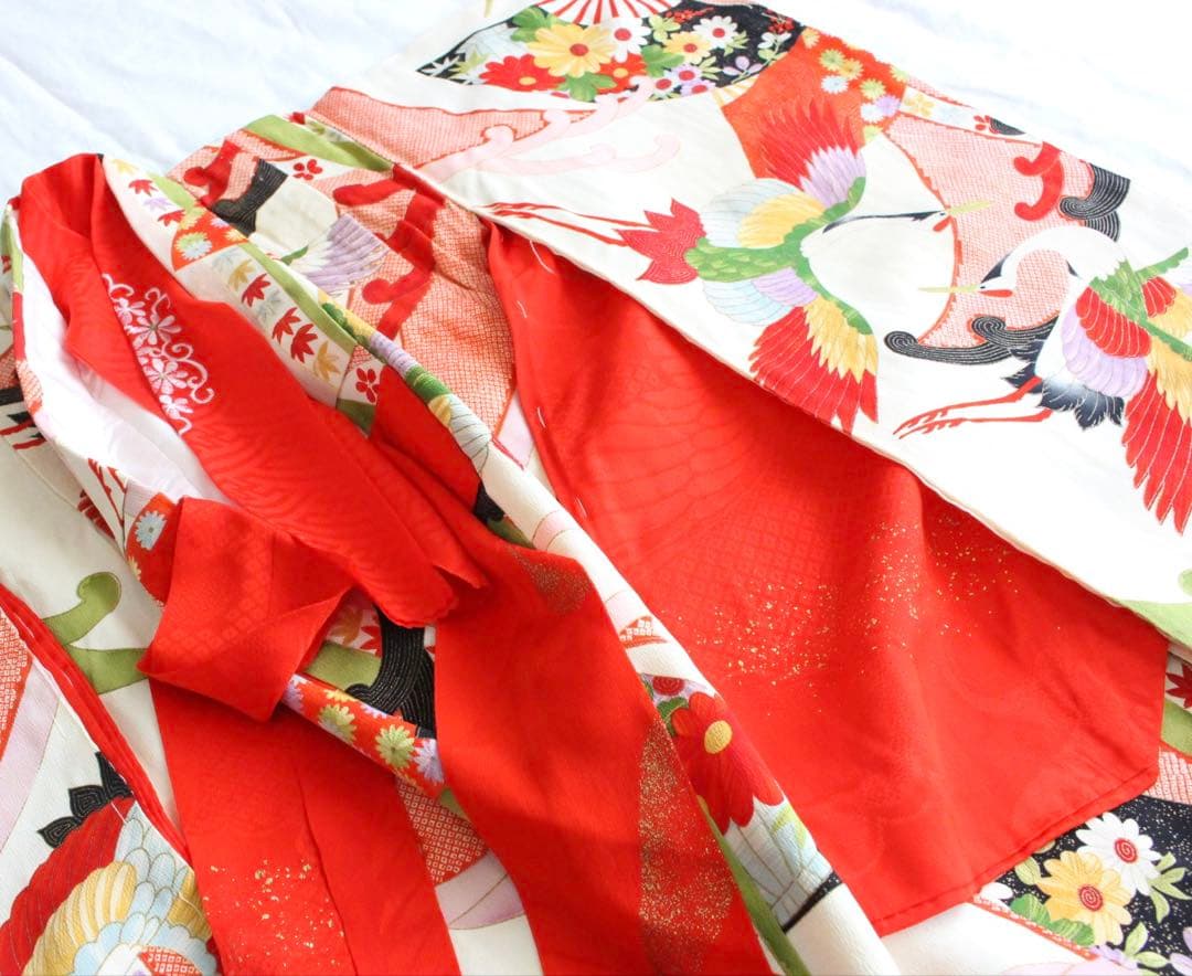 七五三 3歳 女の子 子供 アンティーク 鶴 着物 被布 セット