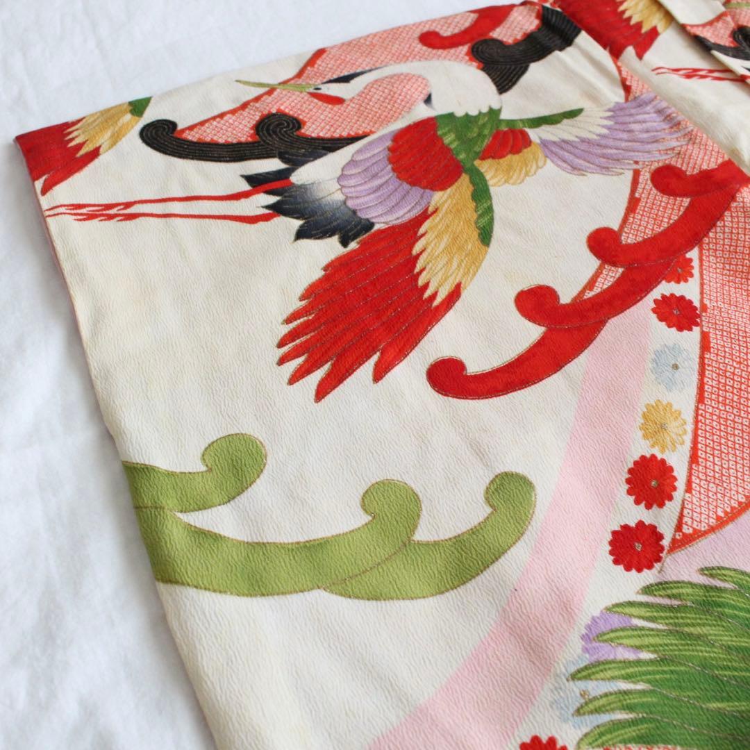 七五三 3歳 女の子 子供 アンティーク 鶴 着物 被布 セット