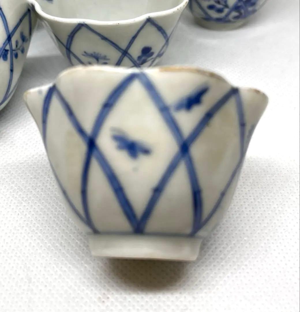 骨董　染付　柿右衛門手　芝垣菊花蝶図　煎茶椀　5個　（手作り桐箱付き）