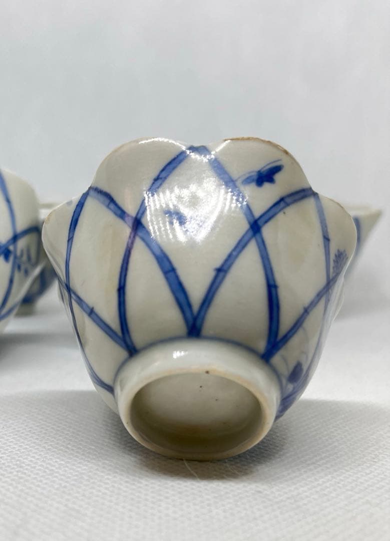 骨董　染付　柿右衛門手　芝垣菊花蝶図　煎茶椀　5個　（手作り桐箱付き）