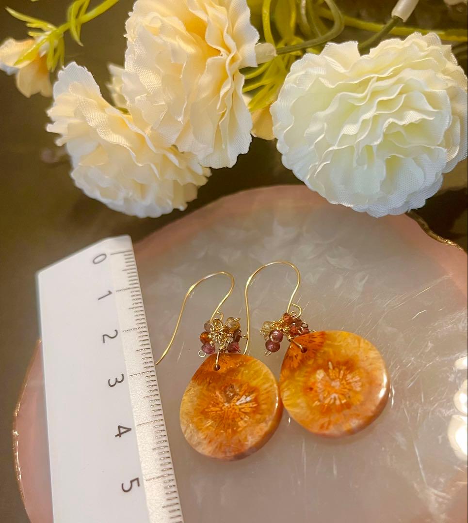 QOOちゃん専用14kgfコロンと可愛い秋色フォッシルコーラルピアス