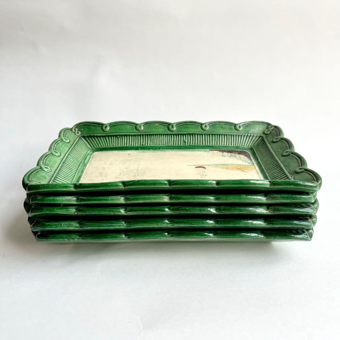 源内焼　平賀源内　陽刻　三彩釉　漢詩山水　長角皿　5客揃