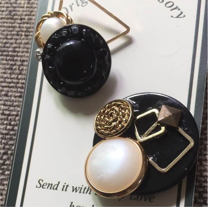 ハンドメイド*ブラック系 大ぶり アシンメトリー クリップ イヤーカフ