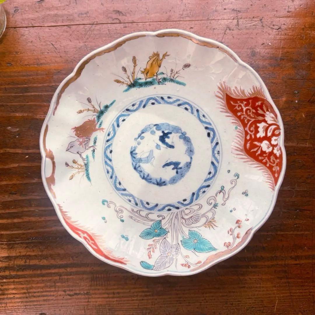 骨董皿 希少　カエル文 火焔文　金彩赤絵皿　輪花皿 かえる文　金カエル