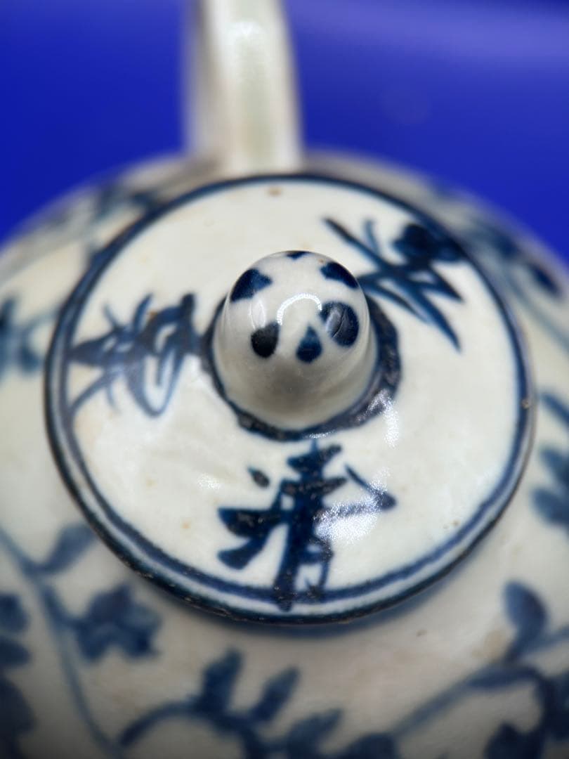 【骨董・古陶磁】中国/台湾 八卦文 青花（染付）小ぶりな急須 茶器 銘有