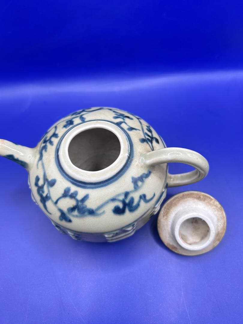 【骨董・古陶磁】中国/台湾 八卦文 青花（染付）小ぶりな急須 茶器 銘有